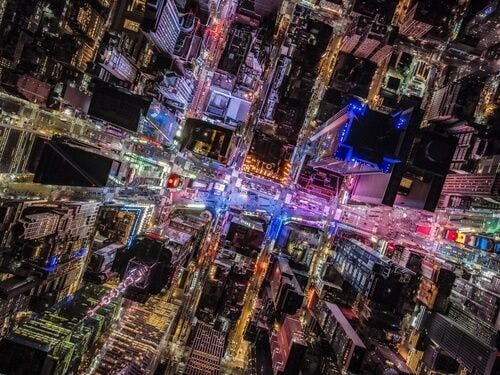 Times Square de nuit, vue du ciel